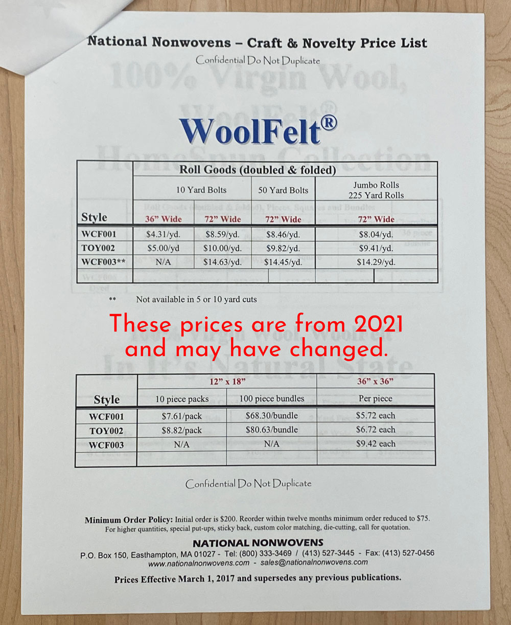 WoolFelt Pricing Sheet