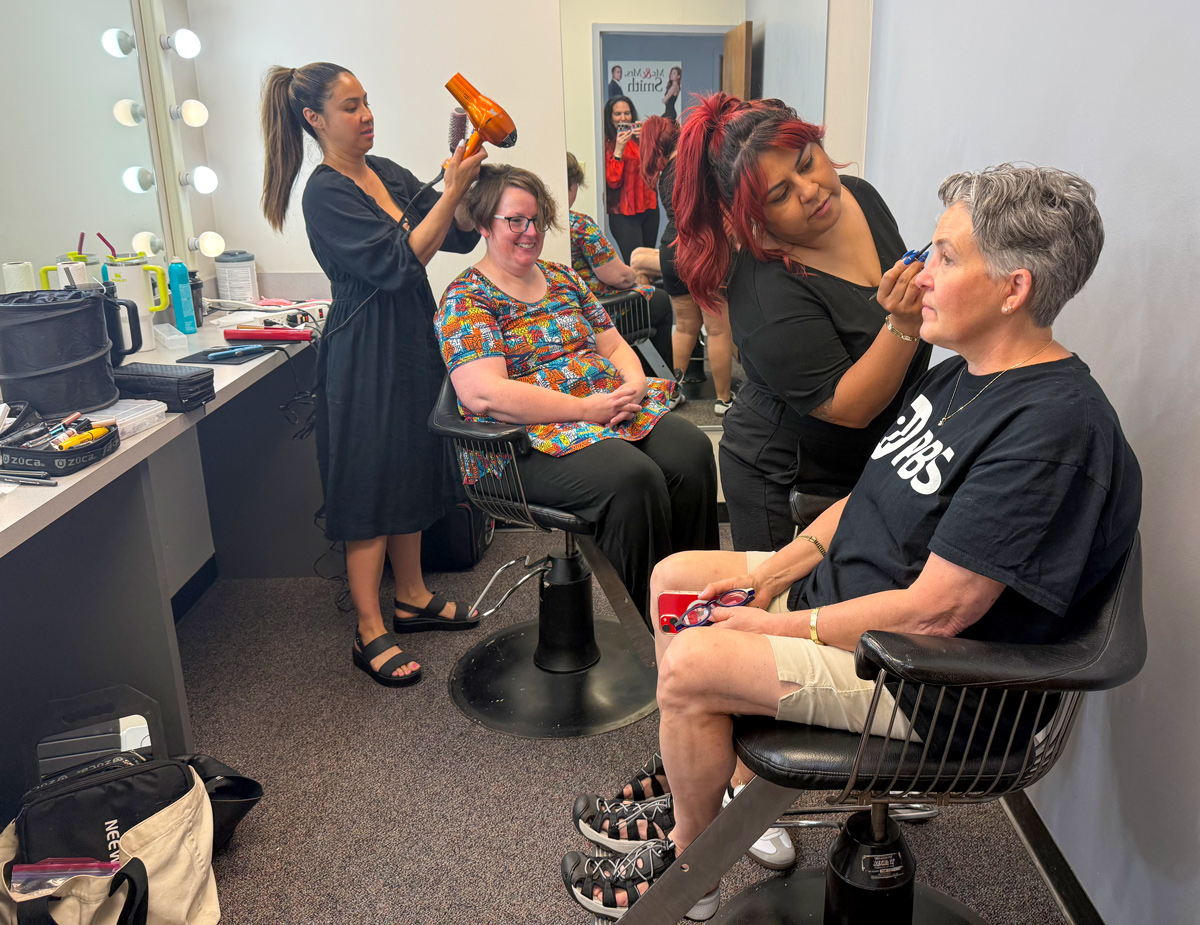 Mel Beach and Susan Brubaker Knapp getting hair and makeup styled