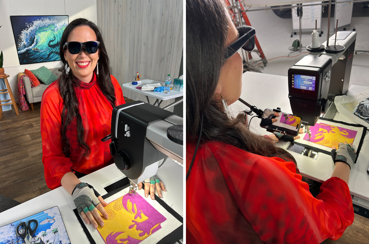 Two photos of Kestrel showing her XR glasses and what she sees while quilting