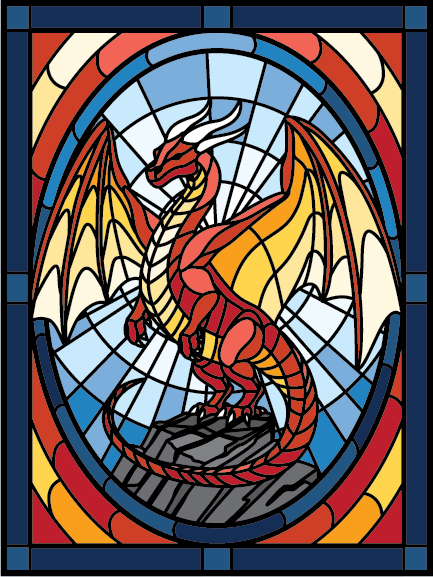 Digital design of my Spotlight Auction donation: a stained glass dragon. Digital artwork for a stained glass dragon